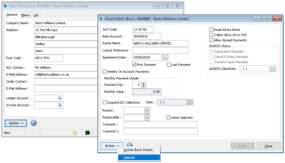 Direct Debits (Bacs) SQL SE Details